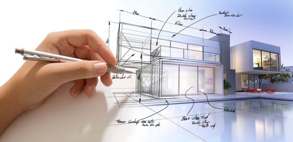 Hand pointing to architectural drawings and blueprints. An example of a beautifully designed and renovated home achieved through Architectural Design Consultations, showcasing a perfect fusion of heritage and modernity.