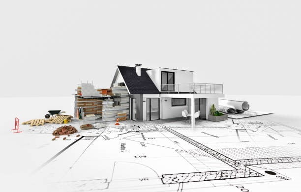 Architectural drawing with model house on top to illustrate the role of an architectural designer in designing your dream house
