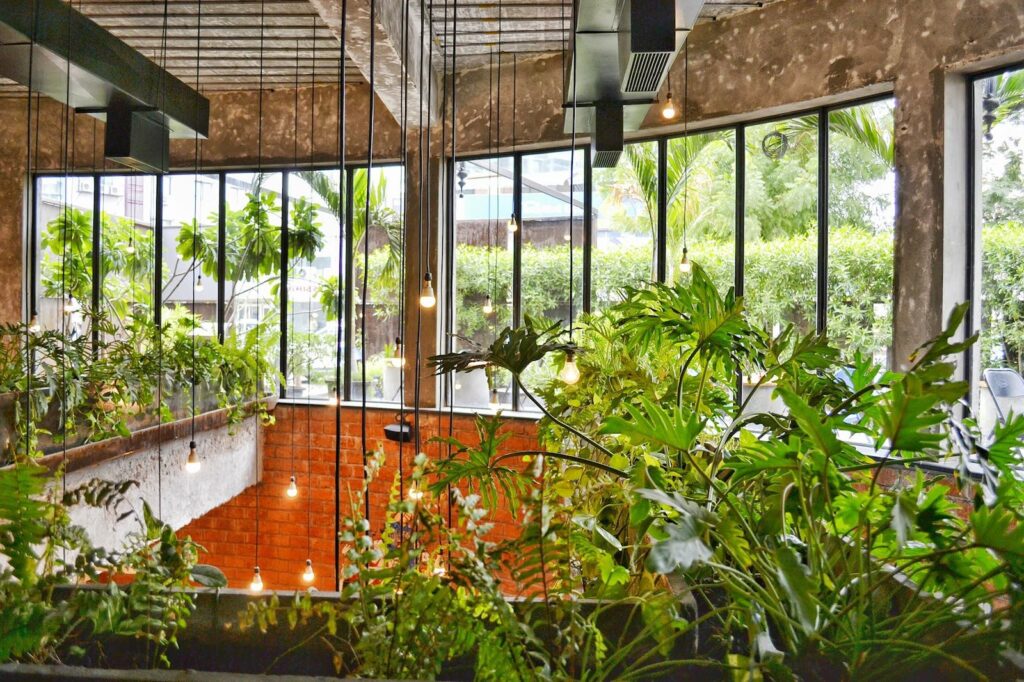 Stunning biophilic living space with natural light and greenery, showcasing the harmony between modern architecture and nature for improved health and well-being