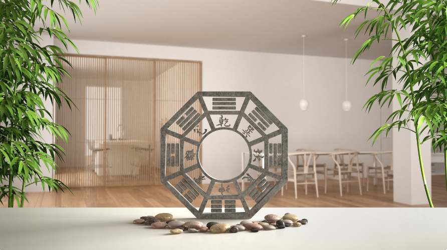 An artistically designed living space showcasing the principles of Feng Shui in architecture for a harmonious home environment.